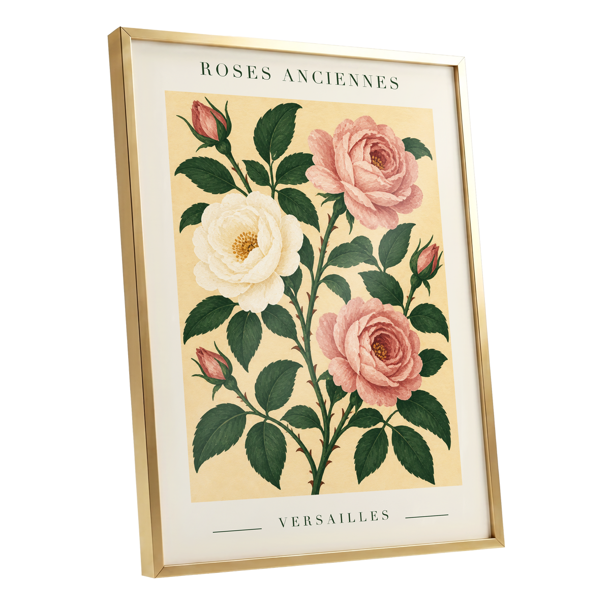 Versailles Rose Reverie, pink, green, beige floral wall art shown as a gold framed poster wall art print