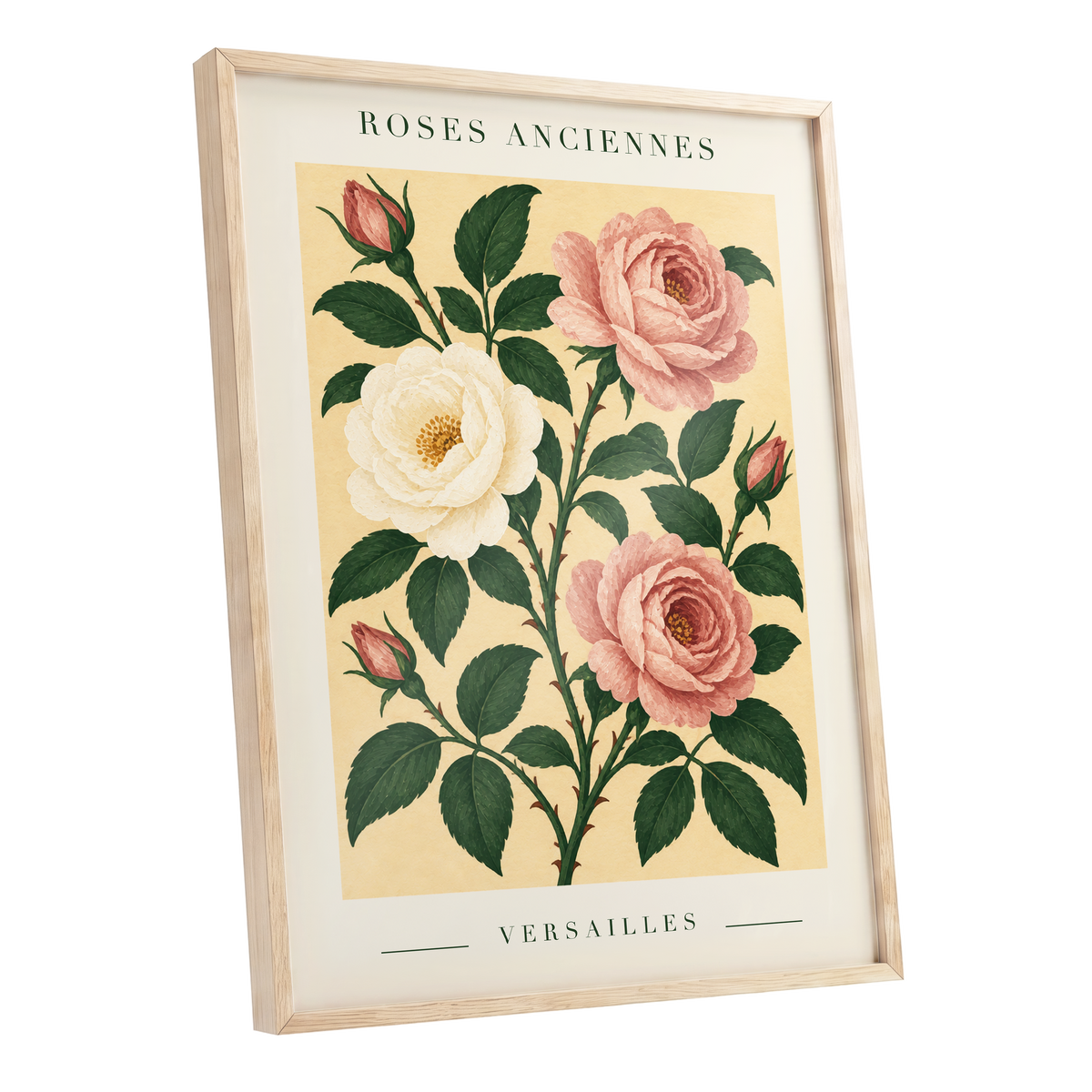 Versailles Rose Reverie, pink, green, beige floral wall art shown as a oak framed poster wall art print