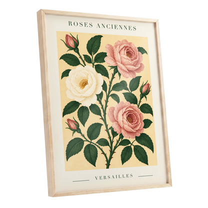 Versailles Rose Reverie, pink, green, beige floral wall art shown as a oak framed poster wall art print