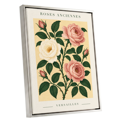 Versailles Rose Reverie, pink, green, beige floral wall art shown as a silver framed canvas wall art