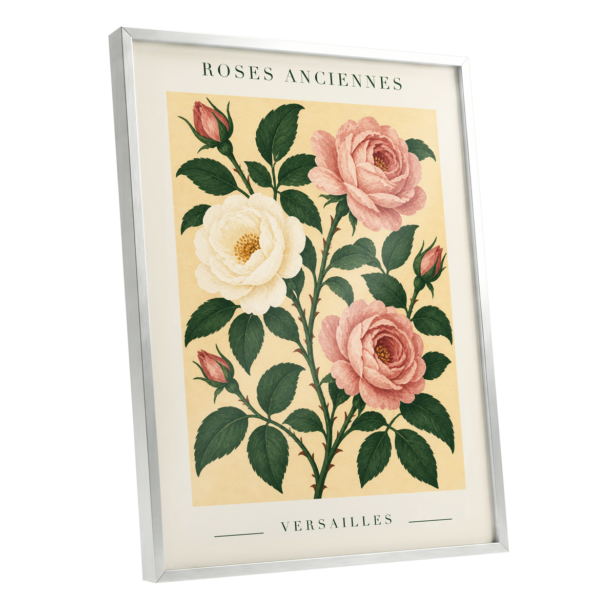 Versailles Rose Reverie, pink, green, beige floral wall art shown as a silver framed poster wall art print