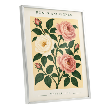 Versailles Rose Reverie, pink, green, beige floral wall art shown as a silver framed poster wall art print