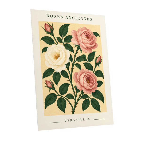 Versailles Rose Reverie, pink, green, beige floral wall art shown as a unframed poster wall art print