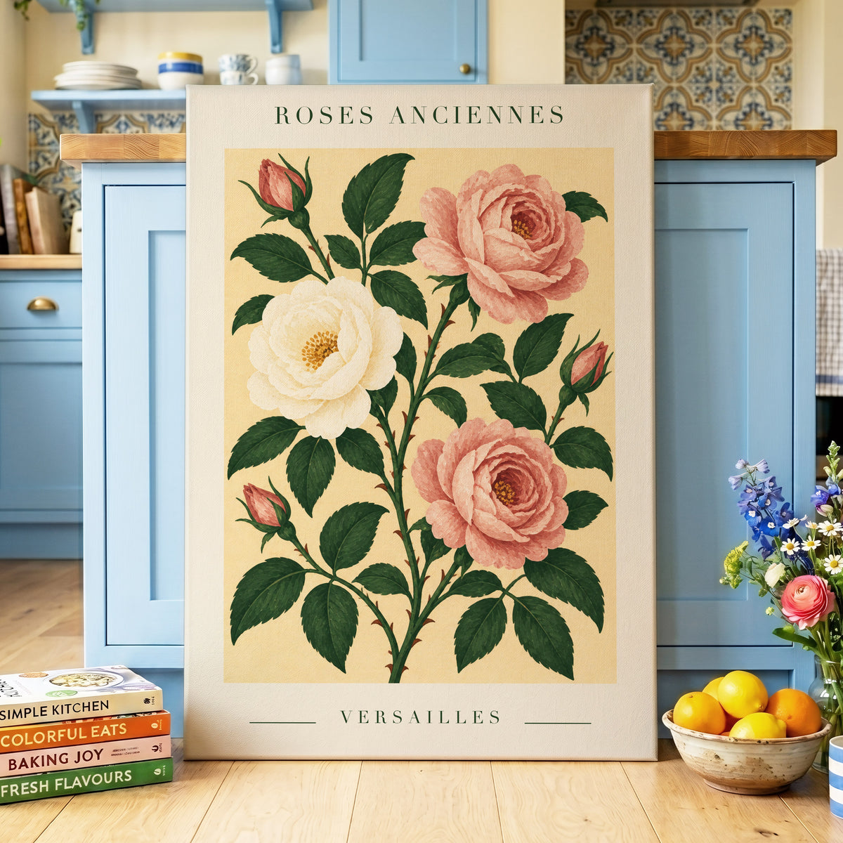 Versailles Rose Reverie, pink, green, beige floral wall art displayed in a styled interior, gallery view 3