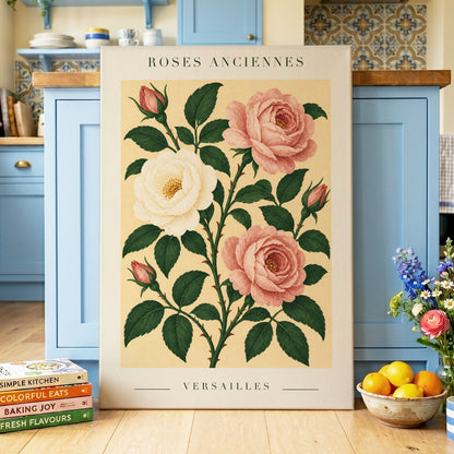 Versailles Rose Reverie, pink, green, beige floral wall art displayed in a styled interior, gallery view 3