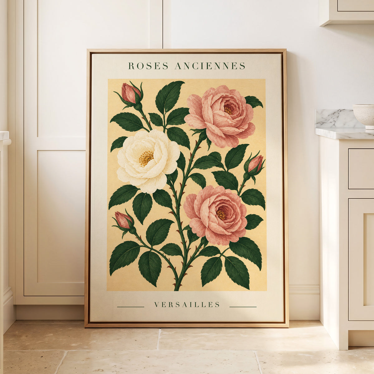 Versailles Rose Reverie, pink, green, beige floral wall art displayed in a styled interior, gallery view 4