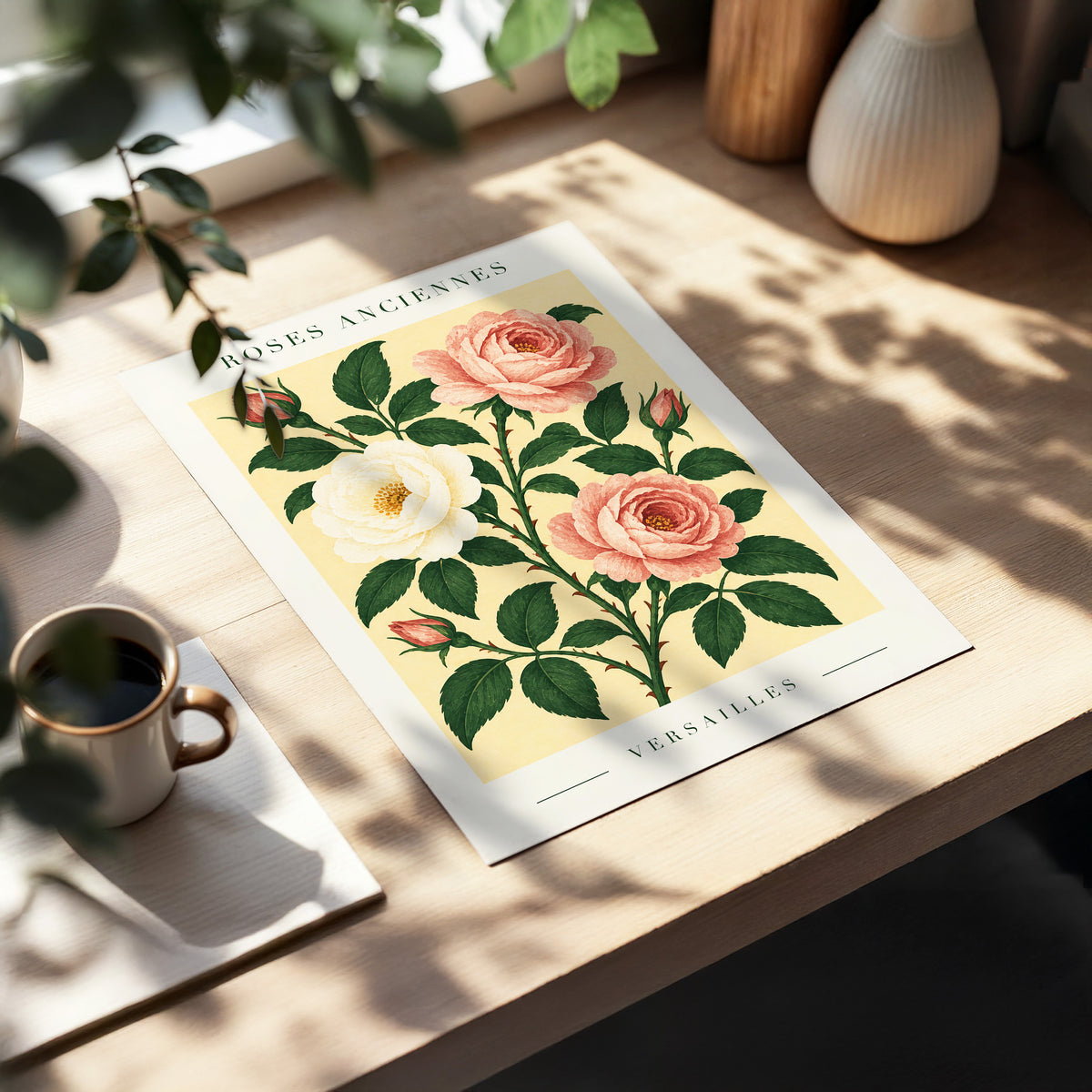 Versailles Rose Reverie, pink, green, beige floral wall art displayed in a styled interior, gallery view 5