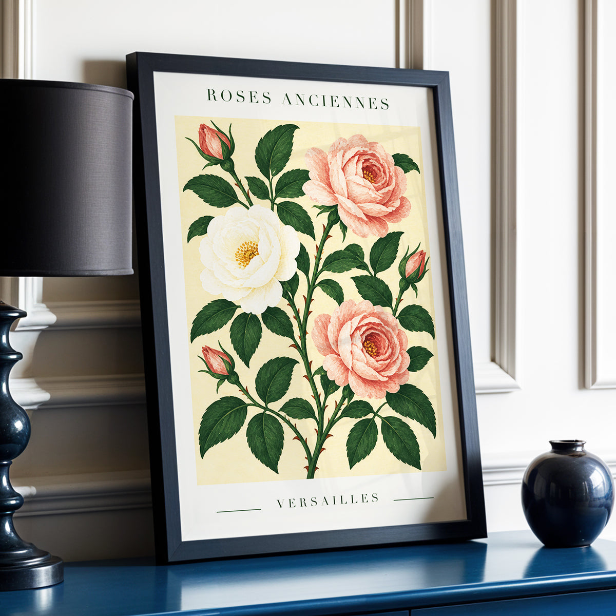 Versailles Rose Reverie, pink, green, beige floral wall art displayed in a styled interior, gallery view 6