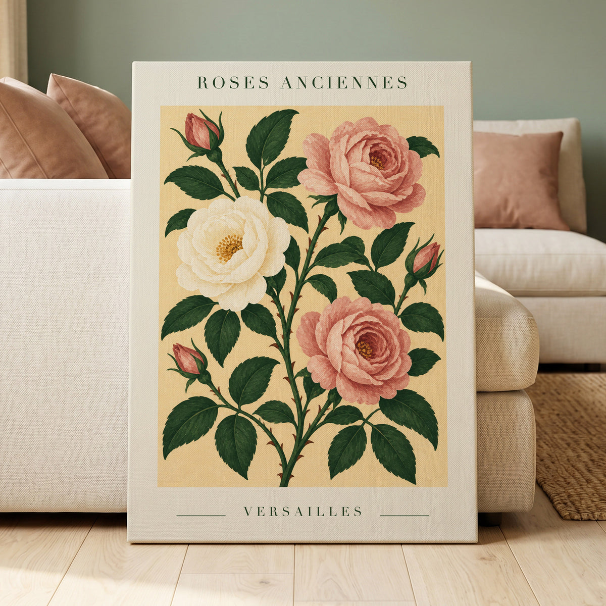 Versailles Rose Reverie, pink, green, beige floral wall art displayed in a styled interior, gallery view 7