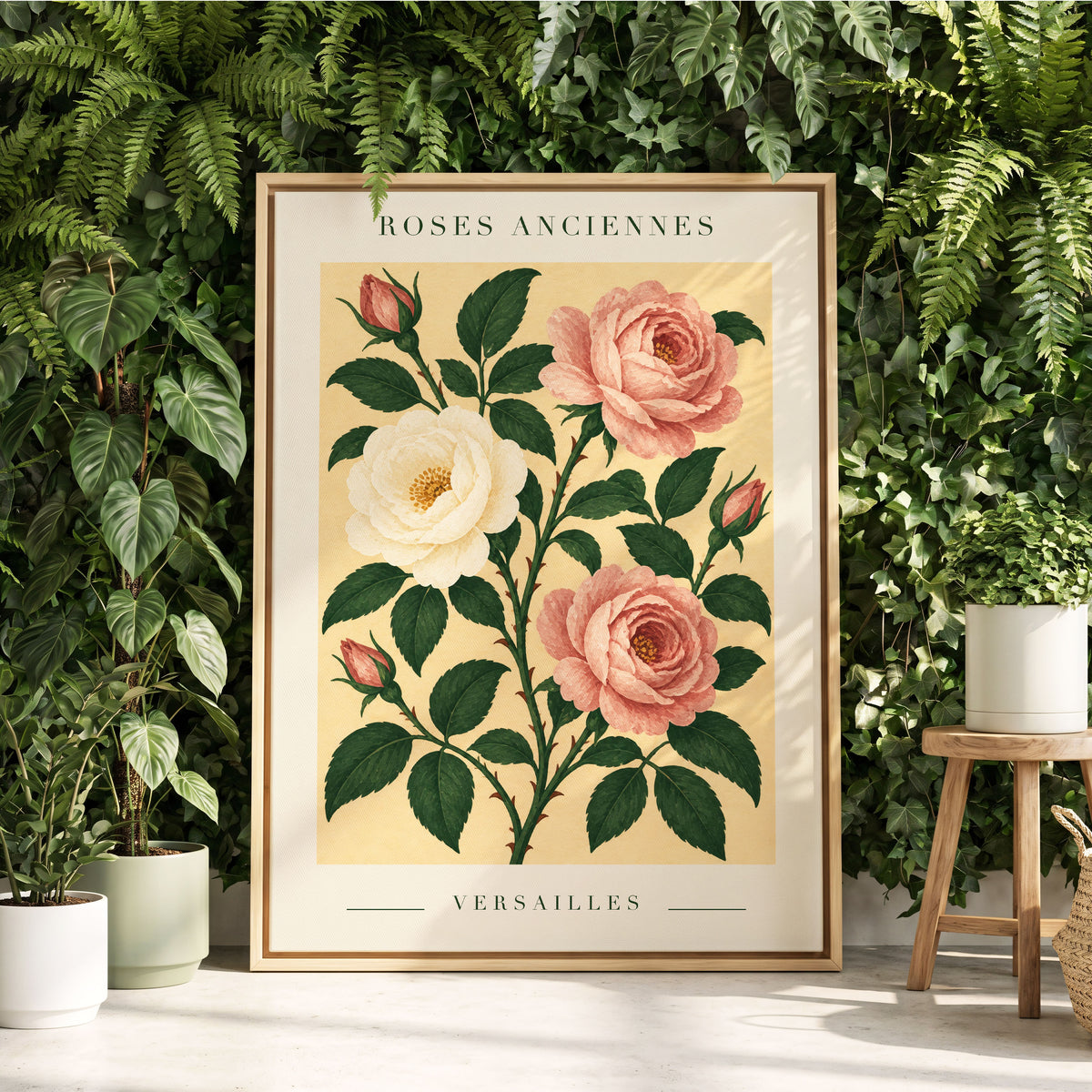 Versailles Rose Reverie, pink, green, beige floral wall art displayed in a styled interior, gallery view 8