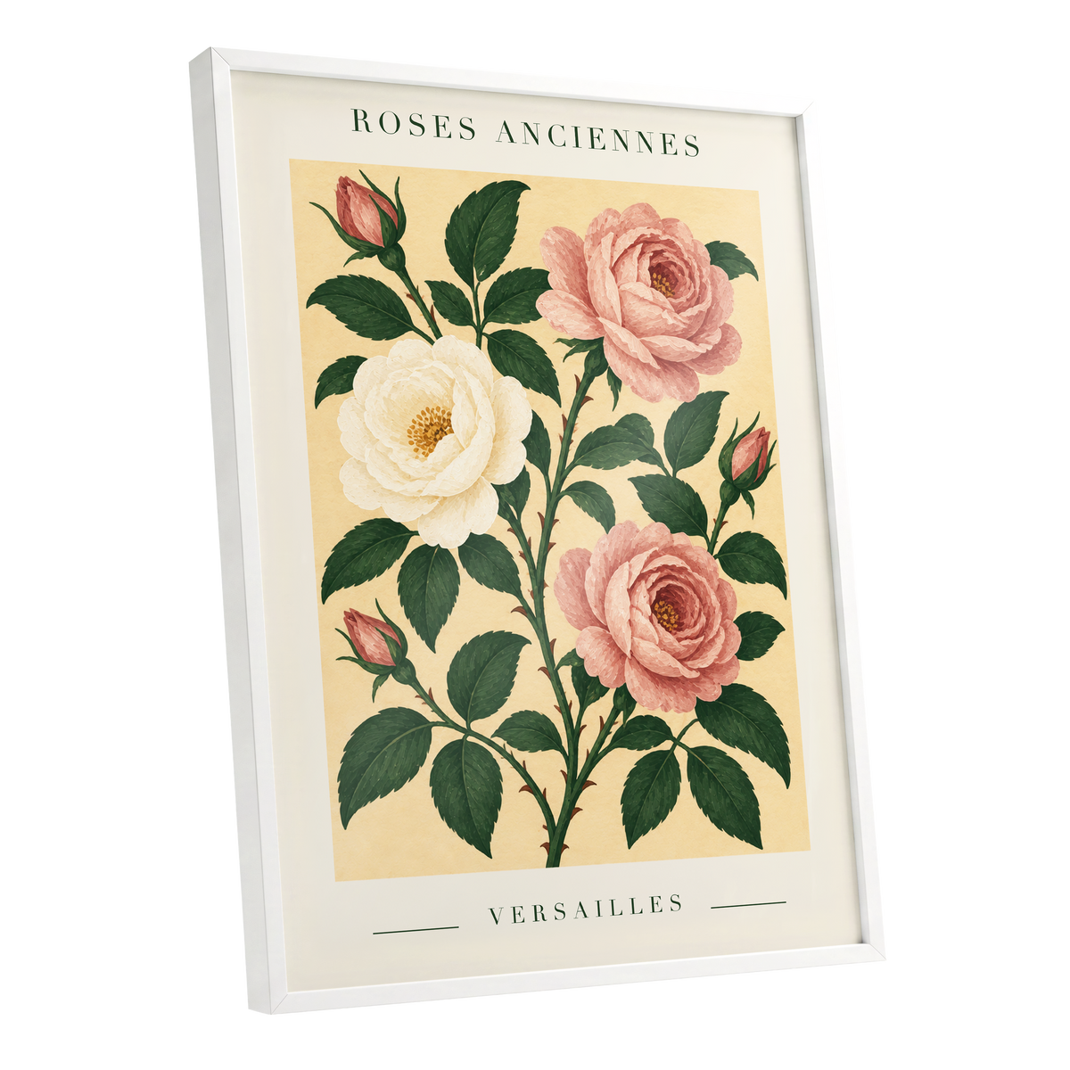 Versailles Rose Reverie, pink, green, beige floral wall art shown as a white framed poster wall art print