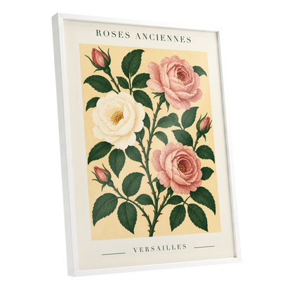 Versailles Rose Reverie, pink, green, beige floral wall art shown as a white framed poster wall art print