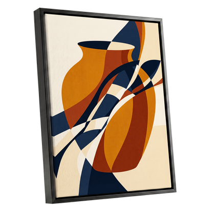 Vessels in Motion, blue, gold, brown abstract wall art shown as a black framed canvas wall art