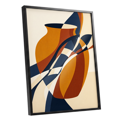 Vessels in Motion, blue, gold, brown abstract wall art shown as a black framed poster wall art print