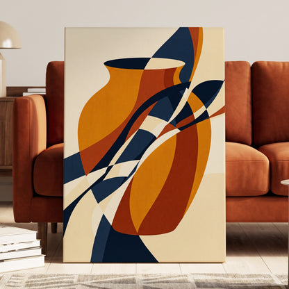 Vessels in Motion, blue, gold, brown abstract wall art on canvas displayed in a styled interior, gallery view 1