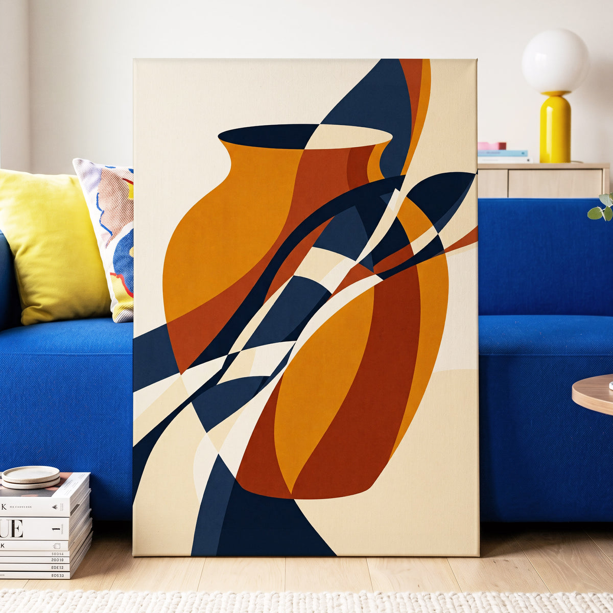Vessels in Motion, blue, gold, brown abstract wall art on canvas displayed in a styled interior, gallery view 2