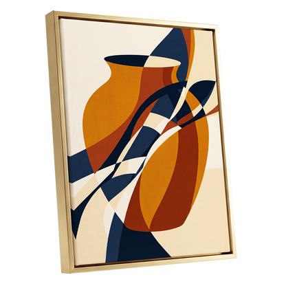 Vessels in Motion, blue, gold, brown abstract wall art shown as a gold framed canvas wall art