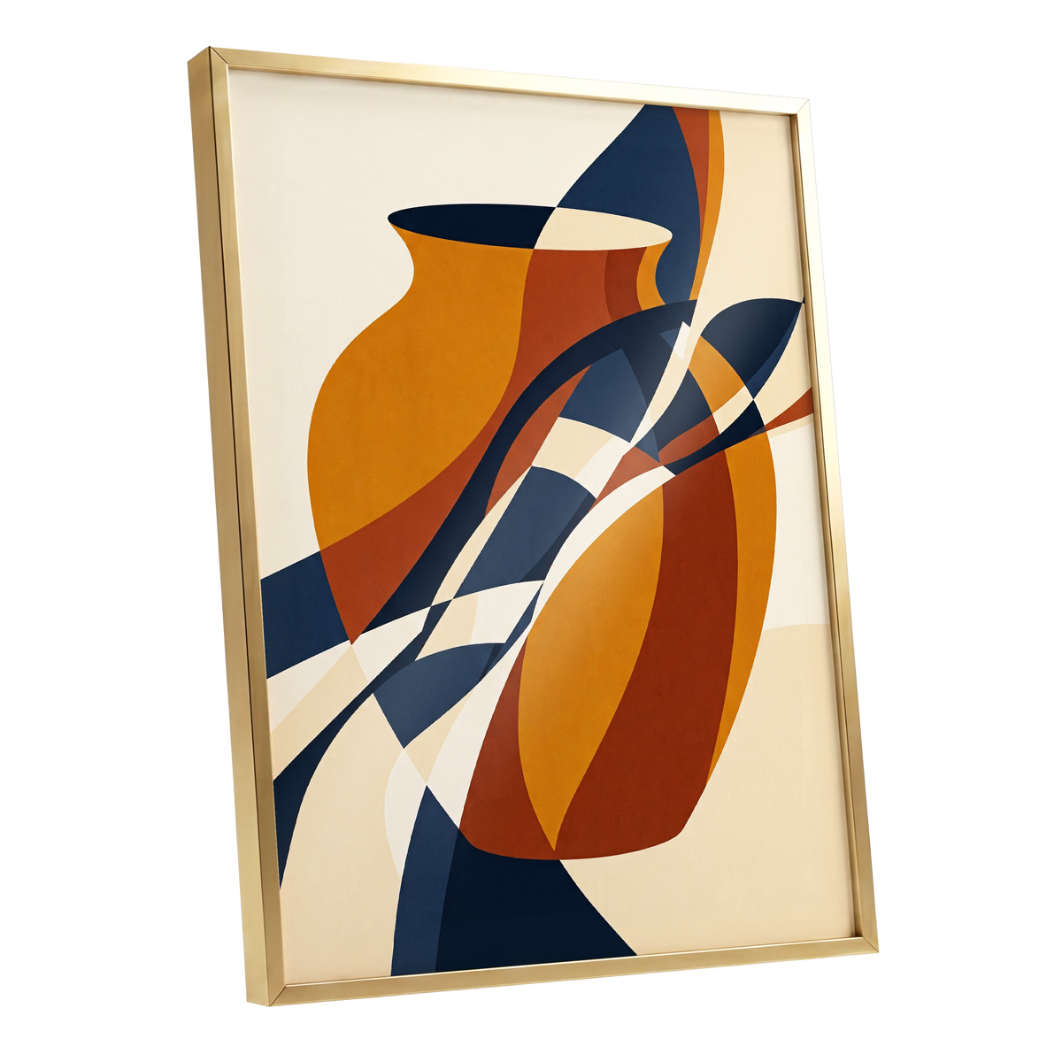 Vessels in Motion, blue, gold, brown abstract wall art shown as a gold framed poster wall art print