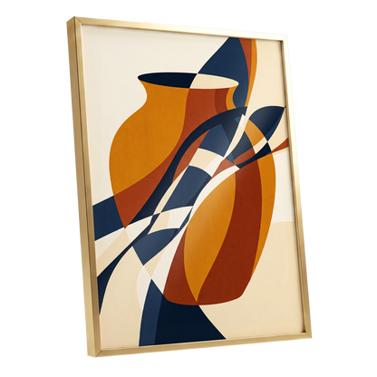 Vessels in Motion, blue, gold, brown abstract wall art shown as a gold framed poster wall art print