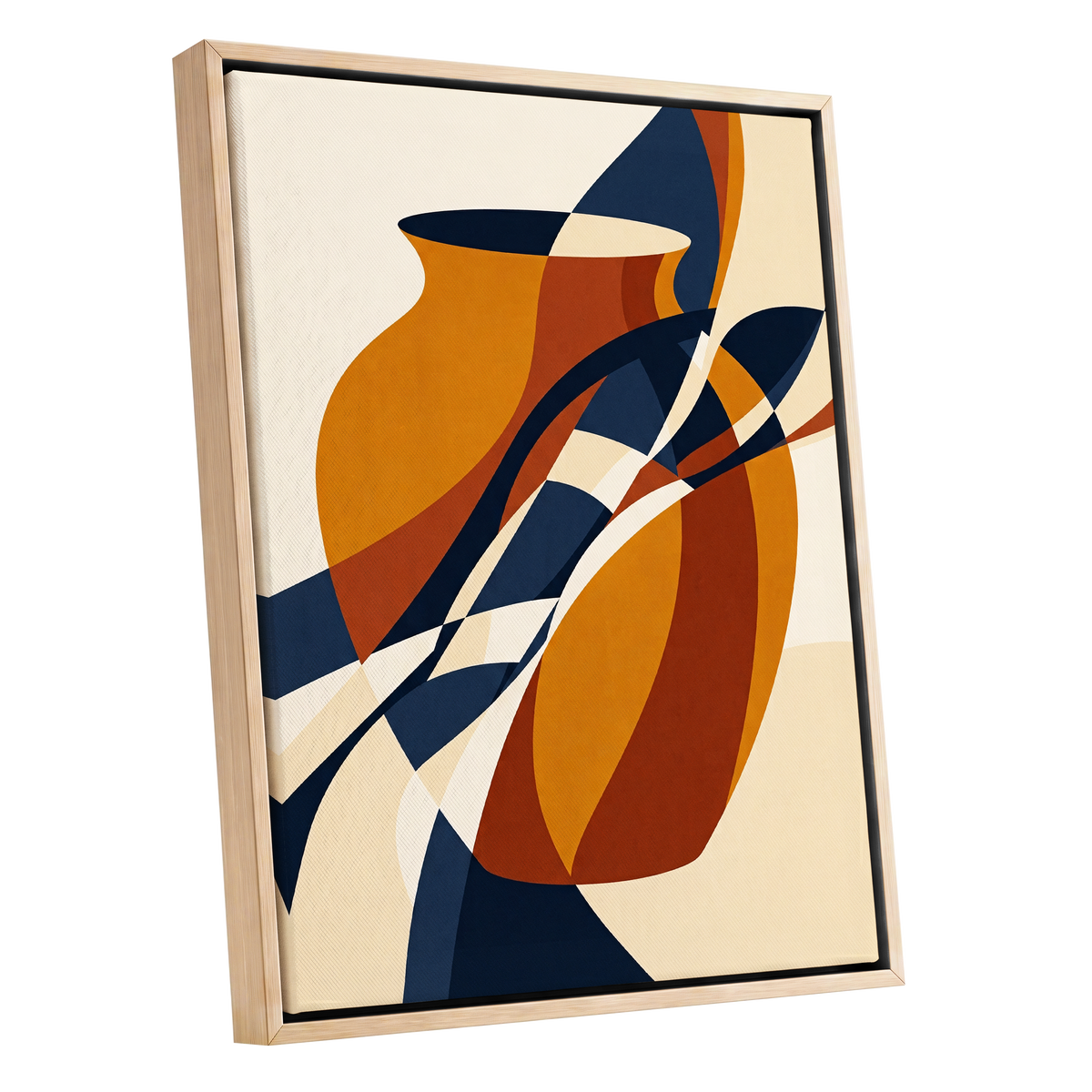 Vessels in Motion, blue, gold, brown abstract wall art shown as a oak framed canvas wall art