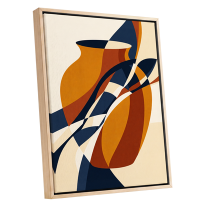 Vessels in Motion, blue, gold, brown abstract wall art shown as a oak framed canvas wall art