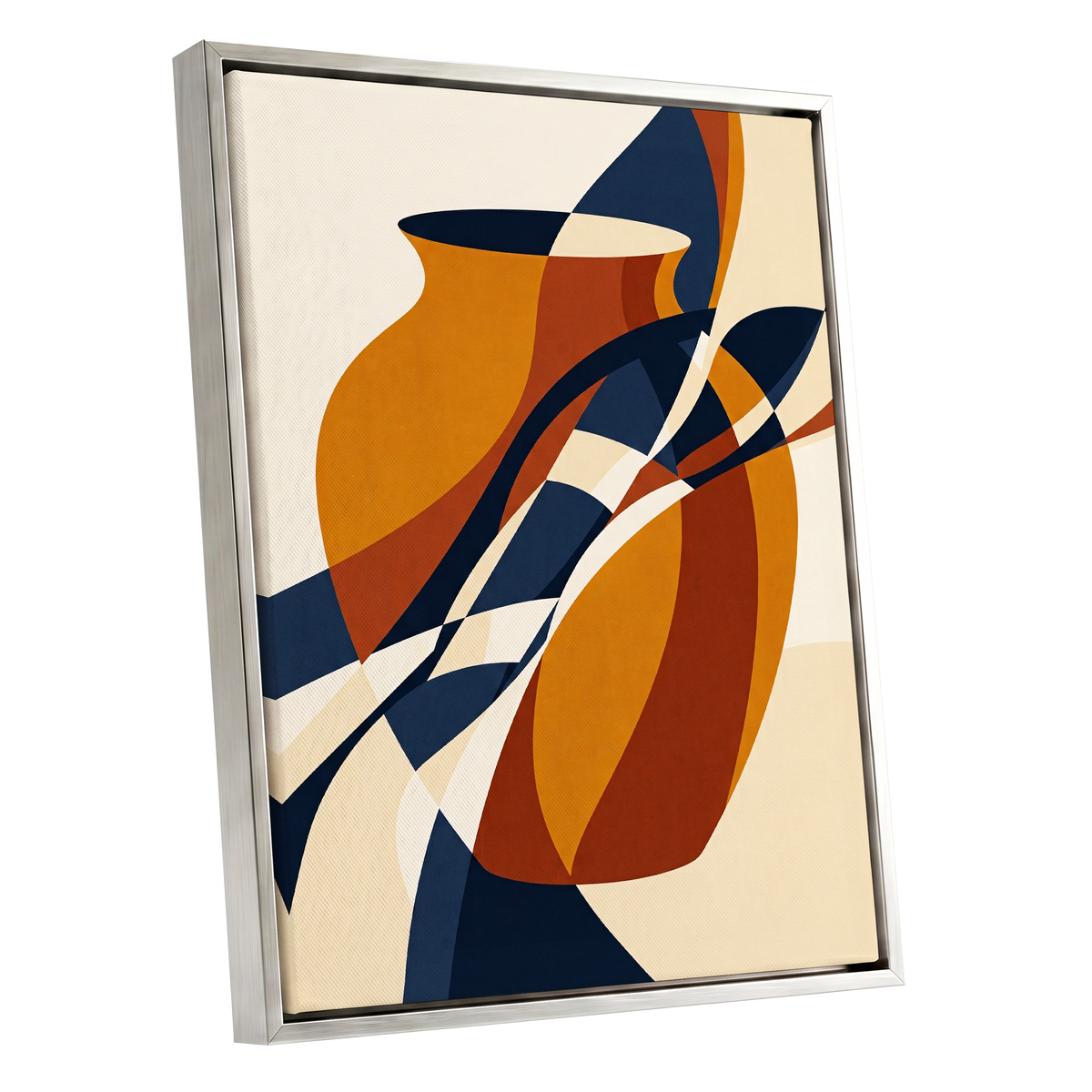 Vessels in Motion, blue, gold, brown abstract wall art shown as a silver framed canvas wall art