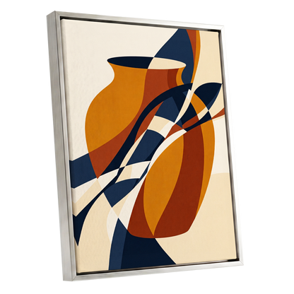 Vessels in Motion, blue, gold, brown abstract wall art shown as a silver framed canvas wall art