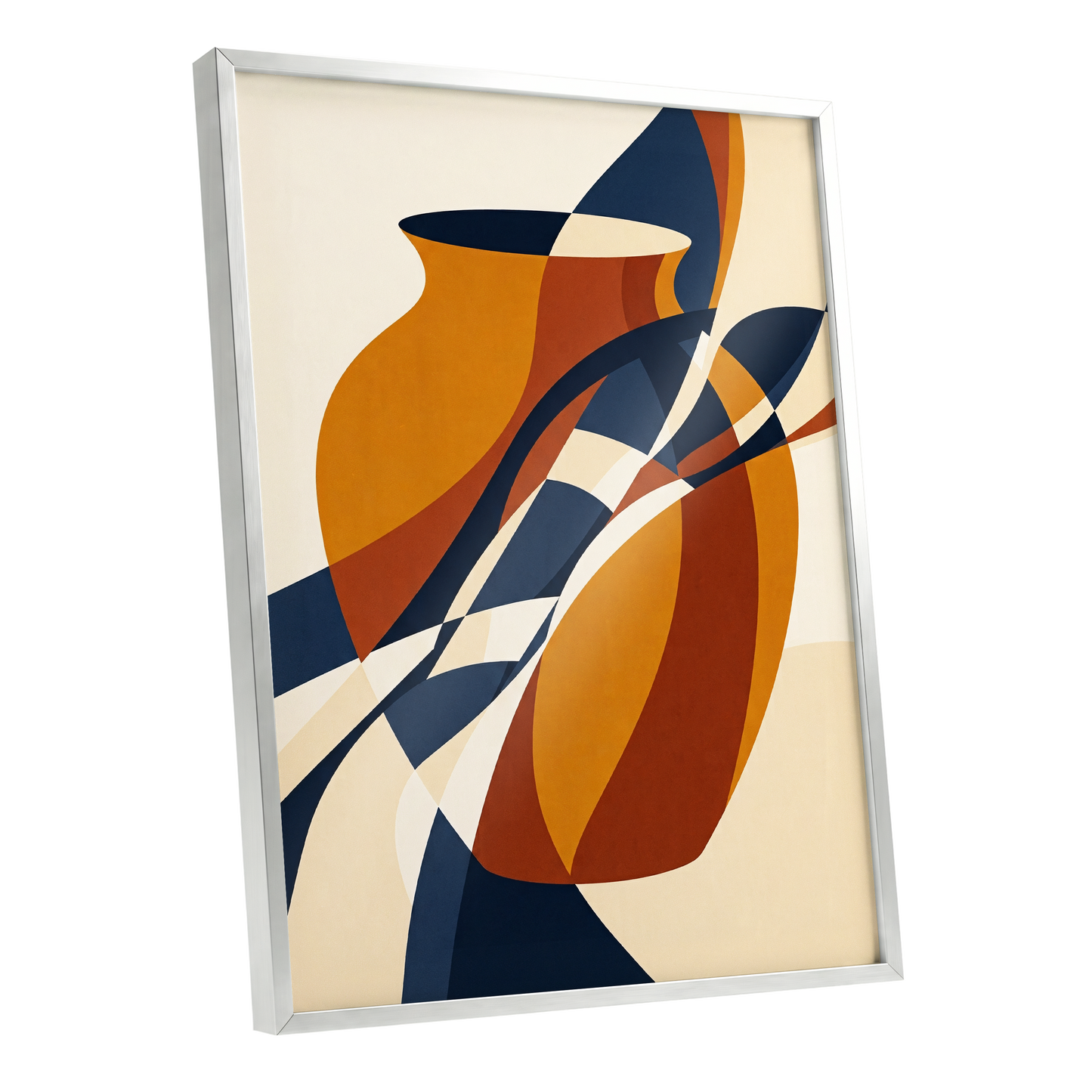 Vessels in Motion, blue, gold, brown abstract wall art shown as a silver framed poster wall art print