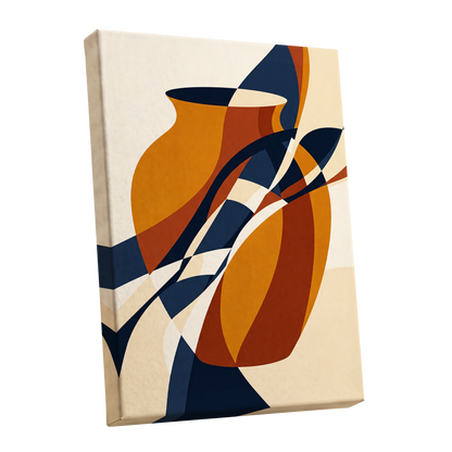 Vessels in Motion, blue, gold, brown abstract wall art shown as a stretched canvas wall art