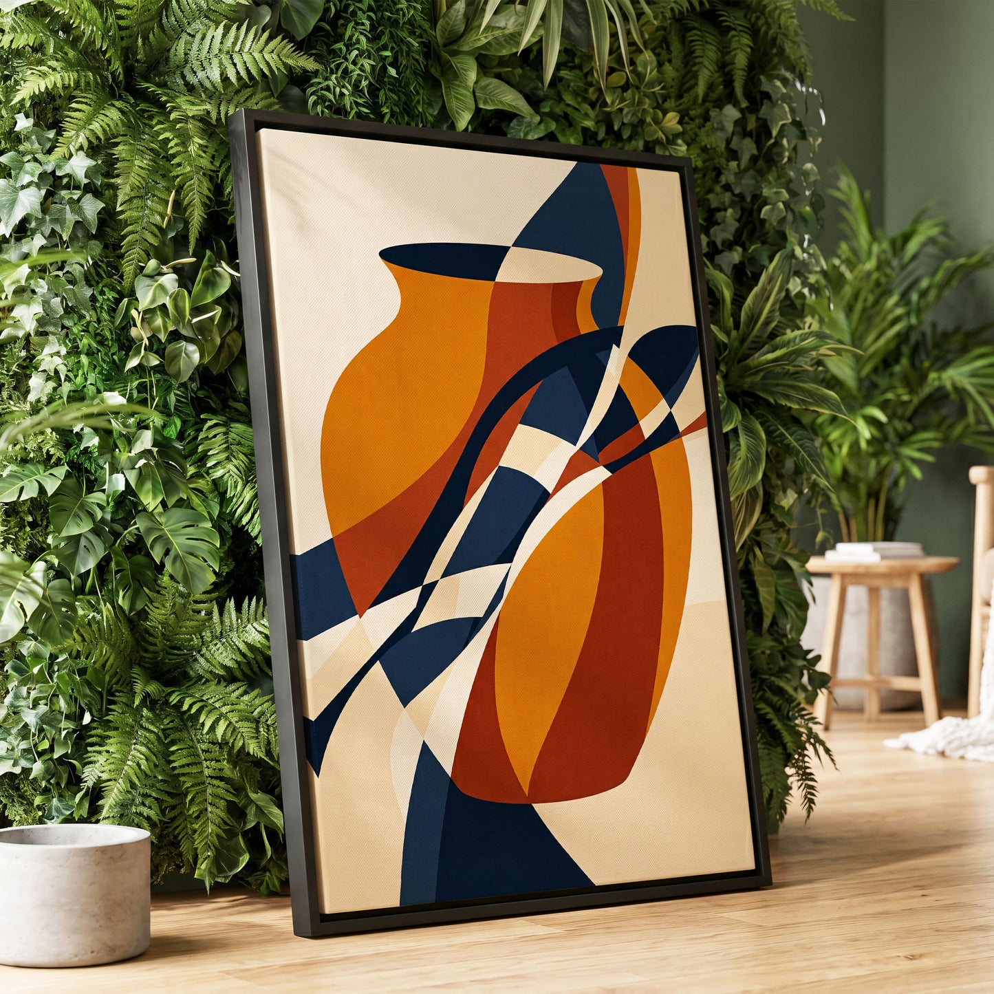 Vessels in Motion, blue, gold, brown abstract wall art displayed in a styled interior, gallery view 1