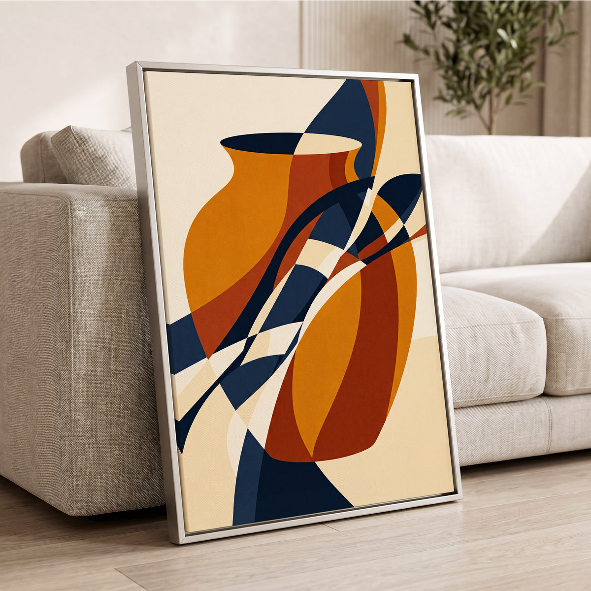 Vessels in Motion, blue, gold, brown abstract wall art displayed in a styled interior, gallery view 2
