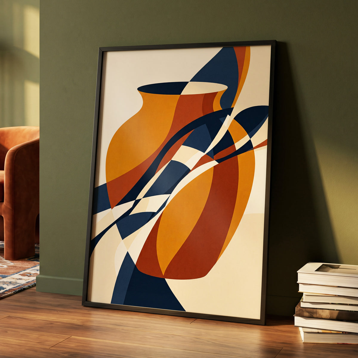 Vessels in Motion, blue, gold, brown abstract wall art displayed in a styled interior, gallery view 4