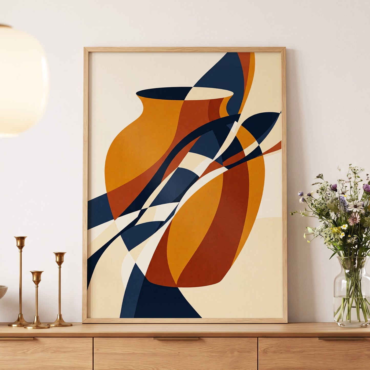 Vessels in Motion, blue, gold, brown abstract wall art displayed in a styled interior, gallery view 5