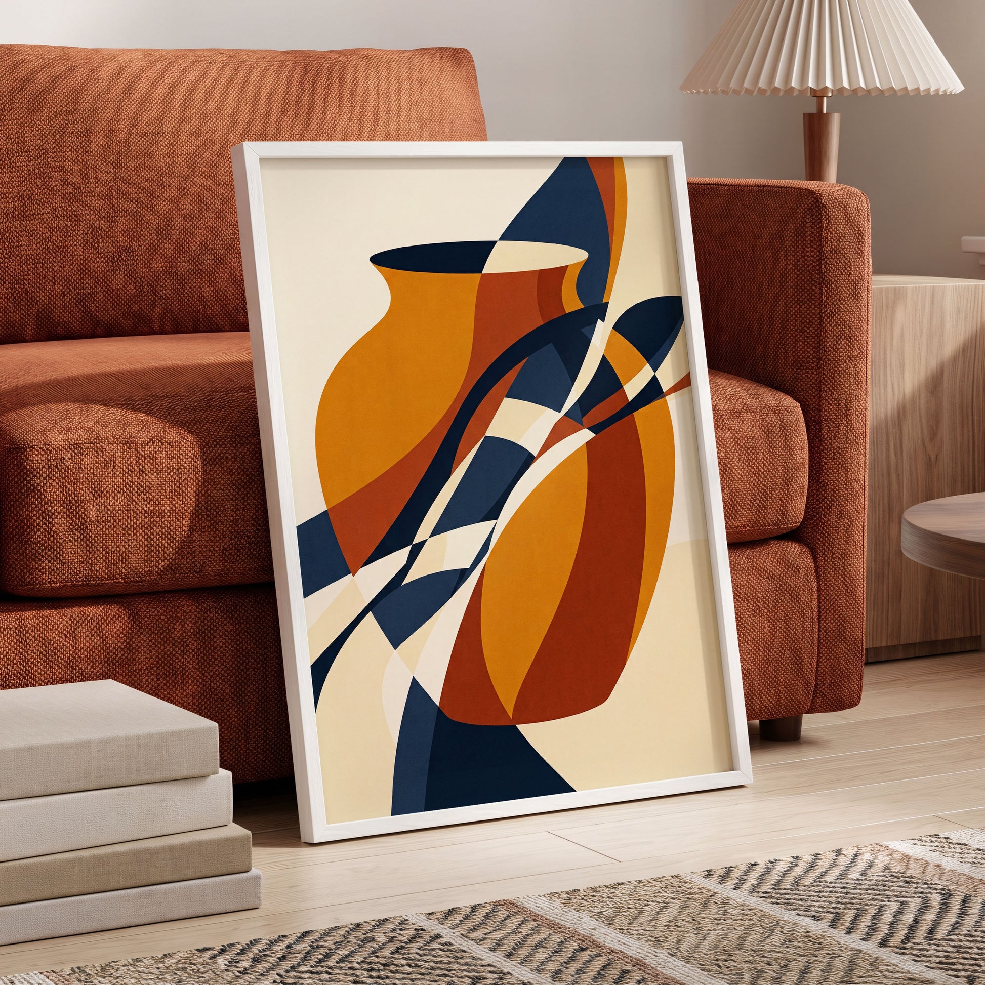 Vessels in Motion, blue, gold, brown abstract wall art displayed in a styled interior, gallery view 6