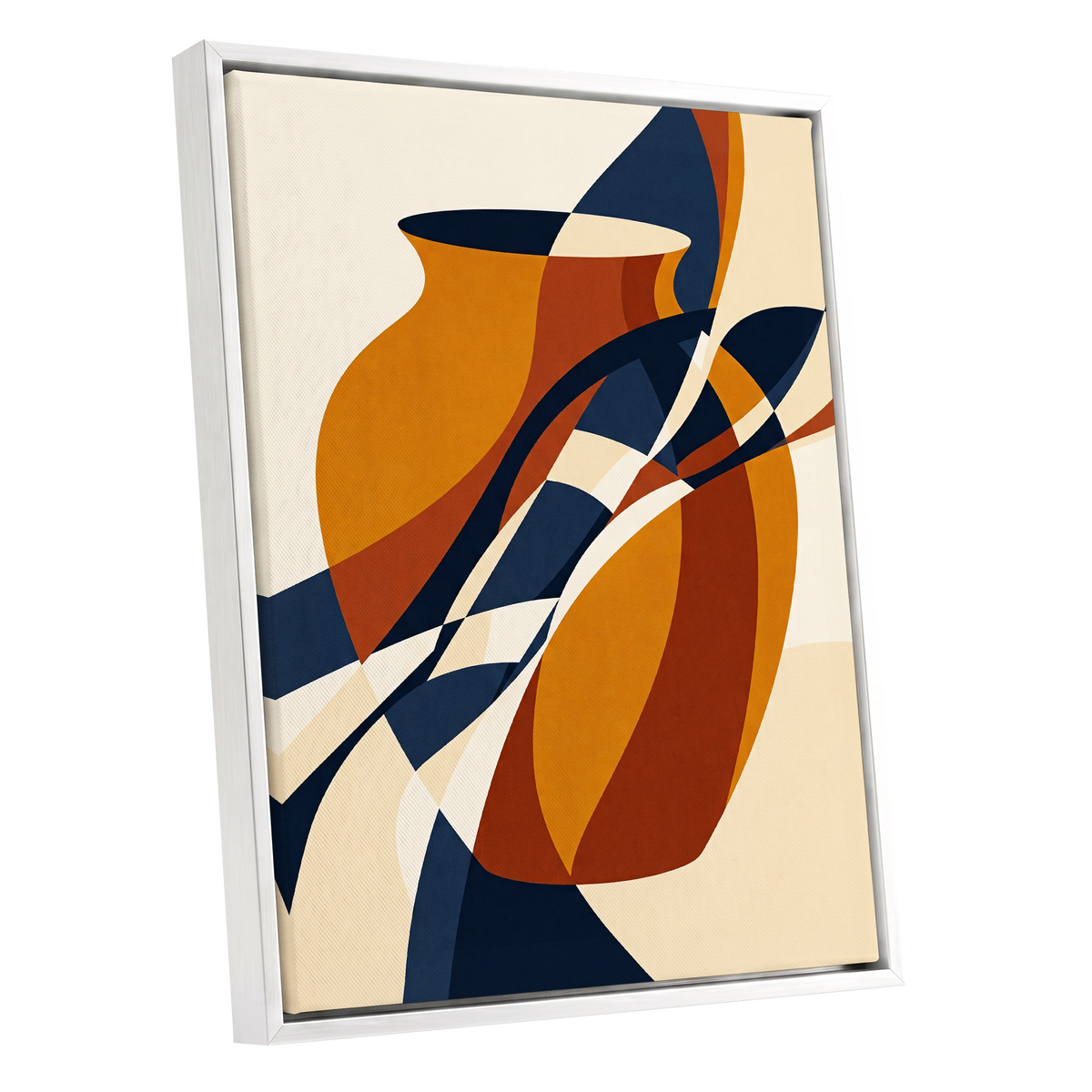 Vessels in Motion, blue, gold, brown abstract wall art shown as a white framed canvas wall art