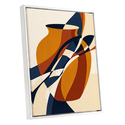 Vessels in Motion, blue, gold, brown abstract wall art shown as a white framed canvas wall art