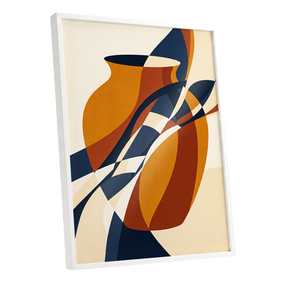 Vessels in Motion, blue, gold, brown abstract wall art shown as a white framed poster wall art print