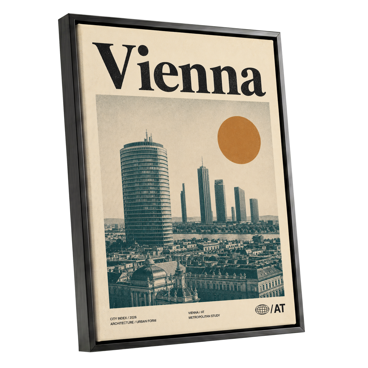 Vienna Skyline Study, beige, green, black minimalist wall art shown as a black framed canvas wall art