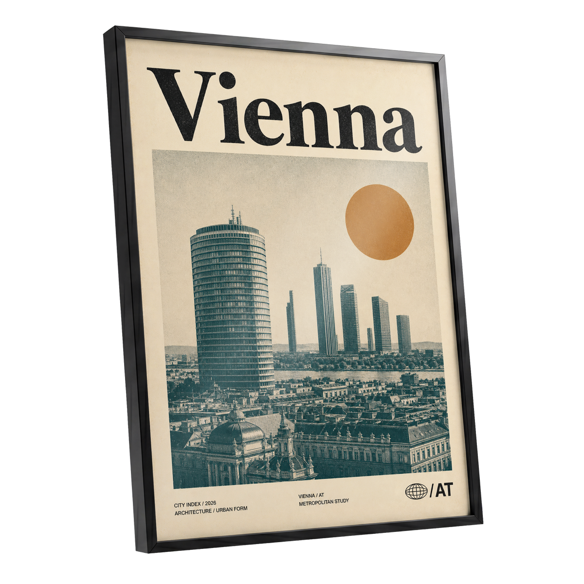 Vienna Skyline Study, beige, green, black minimalist wall art shown as a black framed poster wall art print