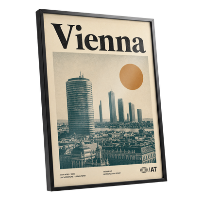 Vienna Skyline Study, beige, green, black minimalist wall art shown as a black framed poster wall art print