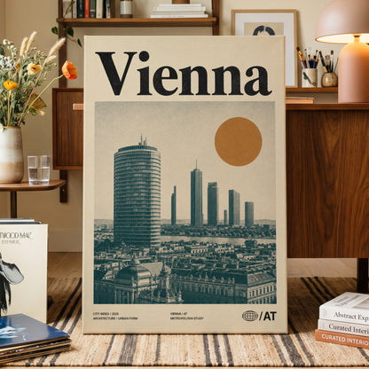 Vienna Skyline Study, beige, green, black minimalist wall art on canvas displayed in a styled interior, gallery view 1