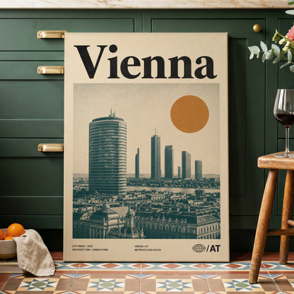 Vienna Skyline Study, beige, green, black minimalist wall art on canvas displayed in a styled interior, gallery view 2