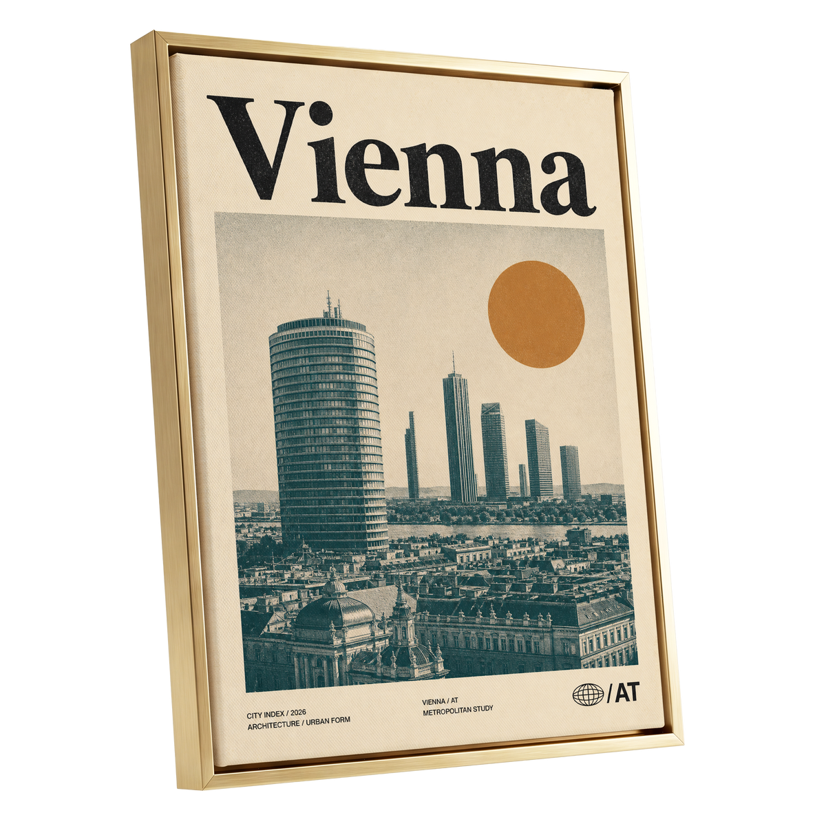Vienna Skyline Study, beige, green, black minimalist wall art shown as a gold framed canvas wall art