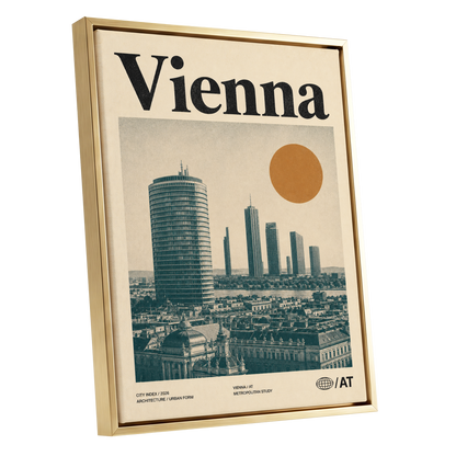 Vienna Skyline Study, beige, green, black minimalist wall art shown as a gold framed canvas wall art