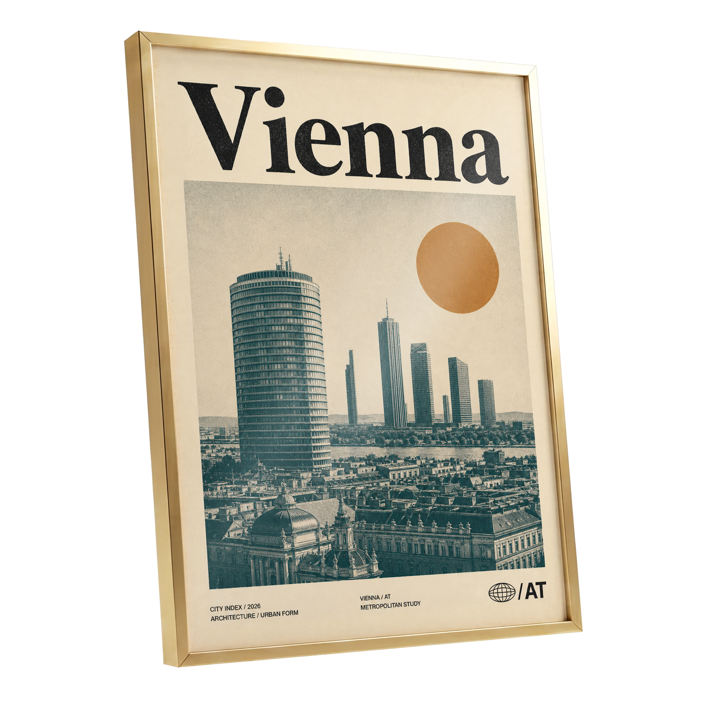 Vienna Skyline Study, beige, green, black minimalist wall art shown as a gold framed poster wall art print
