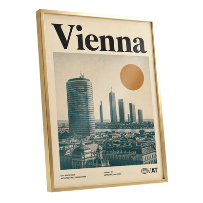 Vienna Skyline Study, beige, green, black minimalist wall art shown as a gold framed poster wall art print