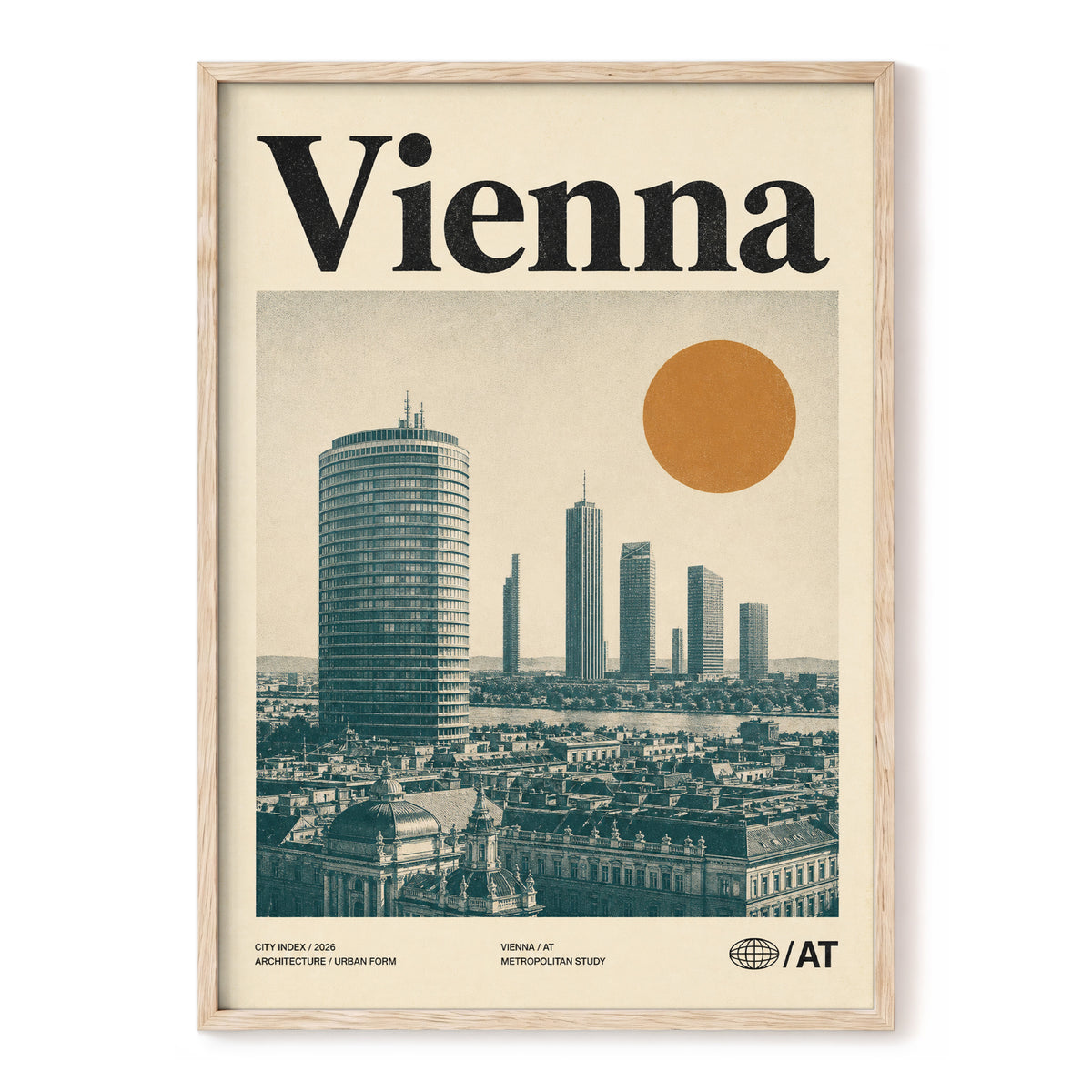 Vienna Skyline Study, beige, green, black minimalist wall art, front artwork view