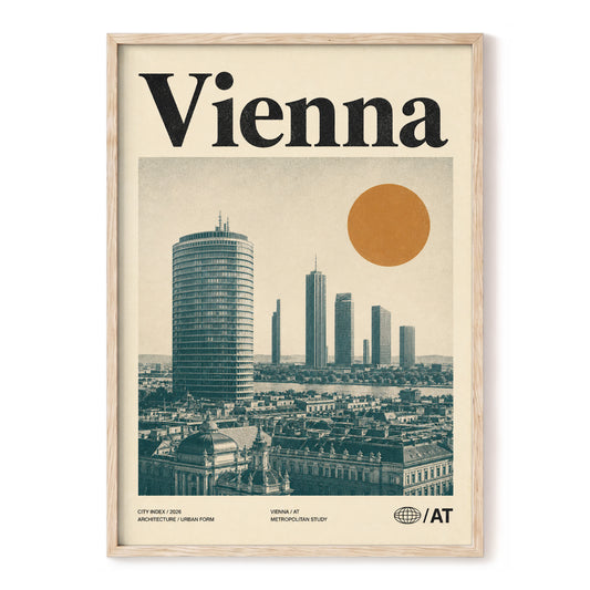 Vienna Skyline Study, beige, green, black minimalist wall art, front artwork view