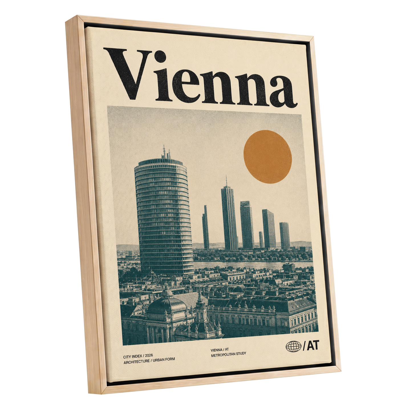 Vienna Skyline Study, beige, green, black minimalist wall art shown as a oak framed canvas wall art