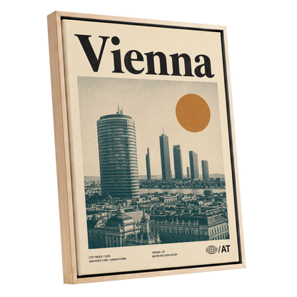 Vienna Skyline Study, beige, green, black minimalist wall art shown as a oak framed canvas wall art